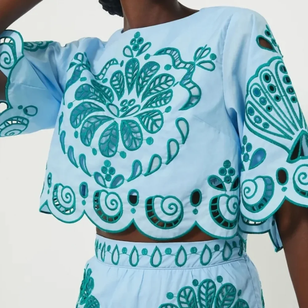 Farm Rio Richelieu Light Blue And Green Cropped Scalloped Hem Top Size XL Cotton - Picture 2 of 15